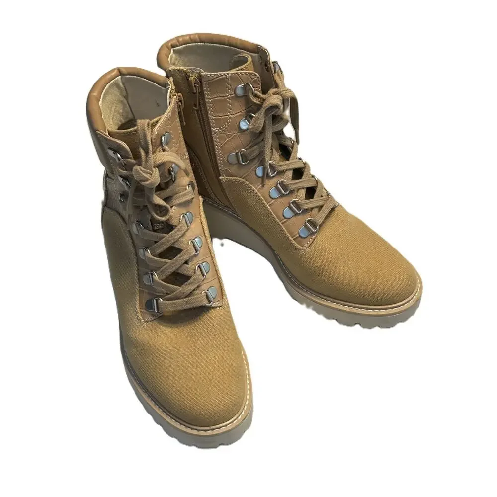 VGC Dolce Vita Hank Canvas Faux Leather Combat Winter Hiking Café/Tan Boots 8.5